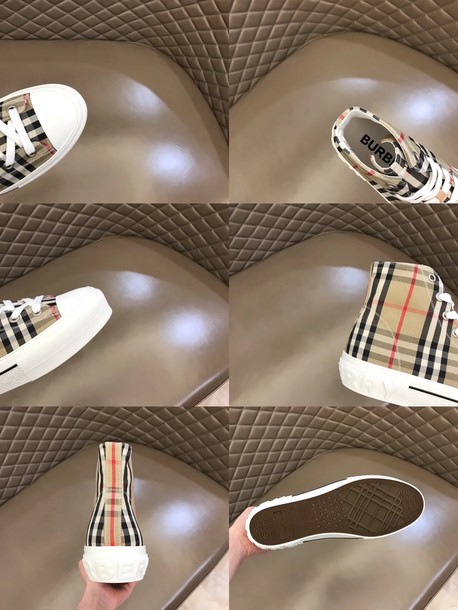 Men's Men's Shoes 💰420▫️B's men's classic high-top sneakers are reinterpreted with Vintage retro plaid cotton material and decorated with a new brand logo. First-layer cowhide lining, embossed Burberry logo on the heel, and original TPU outsole! 38-45